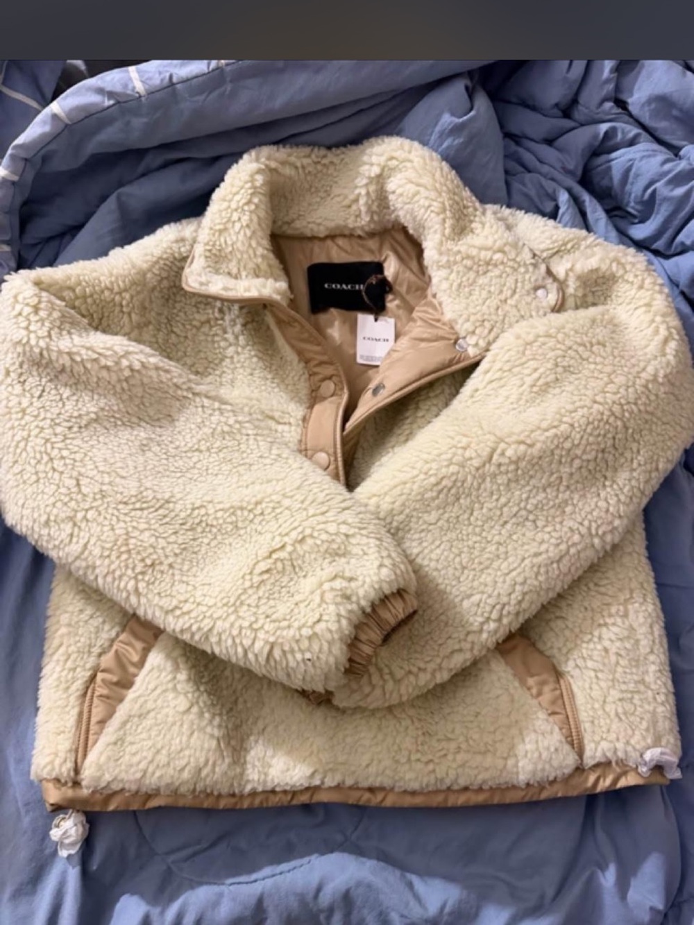 Coach Cream Teddy Sherpa Jacket with Tan Accents